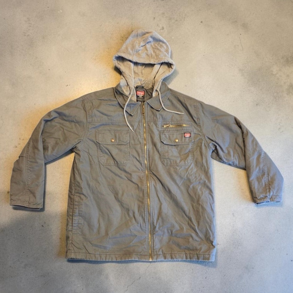 Wrangler Workwear Mens Gray Hooded Canvas Quilted Utility Jacket 2XL 50-52